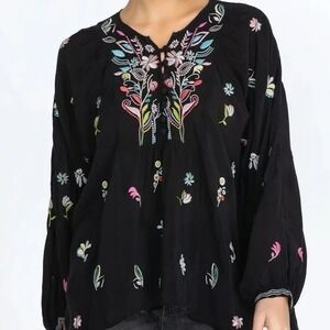 Johnny Was Tinsley Embroidered Floral Button Down Shirt Blouse Sz M Black